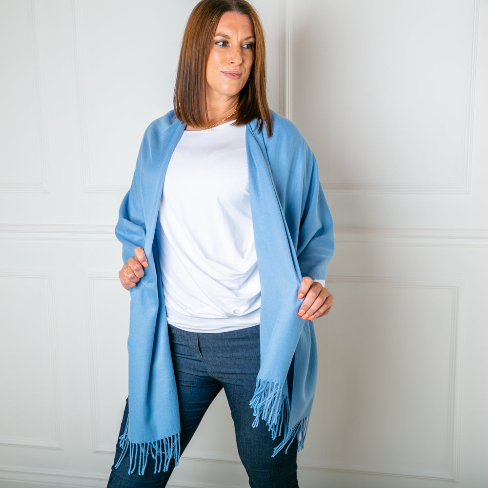 Women's Cashmere Mix Pashminas with Tassels in French Blue, Super Soft Scarf Wrap