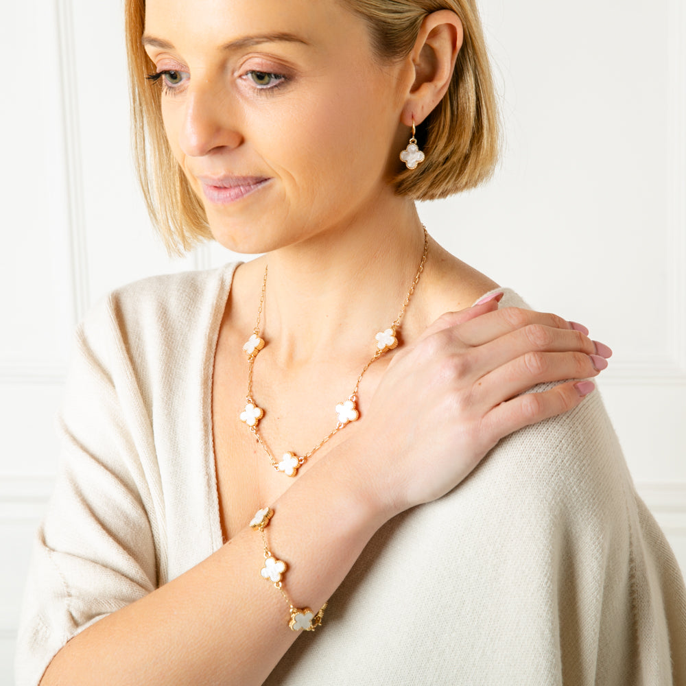 The white Ivy Jewellery Collection with matching earrings, bracelet and long necklace