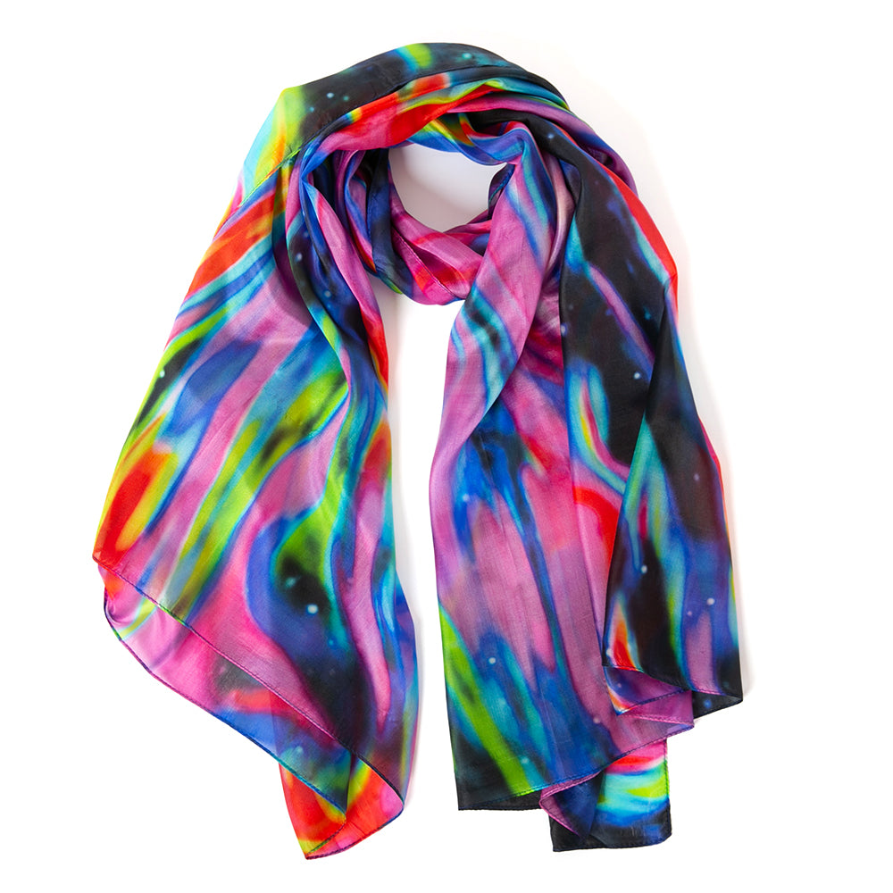 The Thermal Image Silk Scarf in rainbow multicolour with a beautiful swirl print