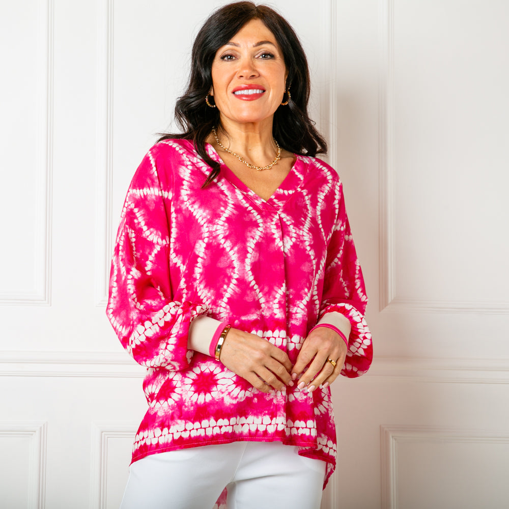 The pink Tie Dye Jersey Cuff Top in a gorgeous vibrant dyed pattern perfect for summer