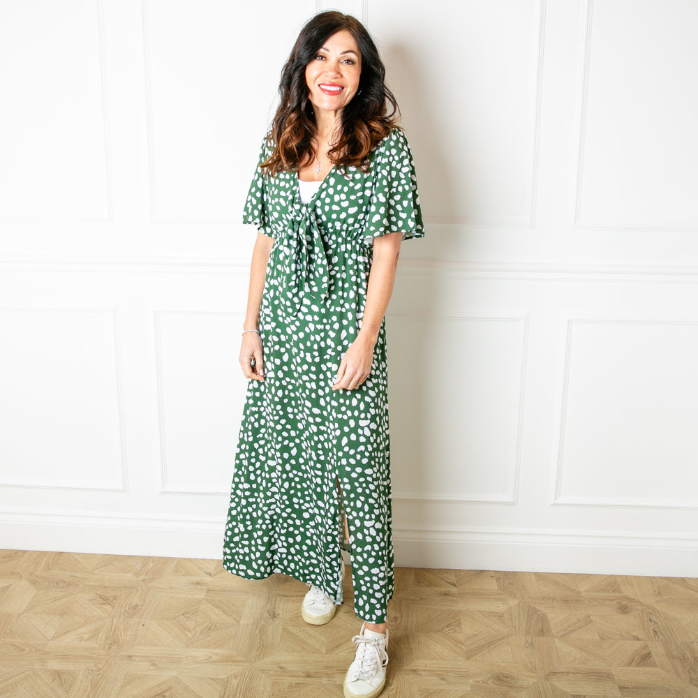 The khaki green Tie Front Picnic Dress in a fun spotty polka dot print perfect for summer