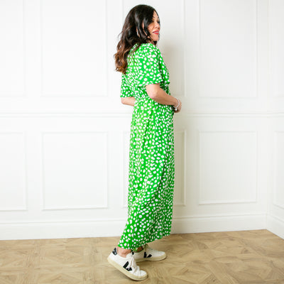 The emerald green Tie Front Picnic Dress in a maxi length with a slit on the side up to the knee