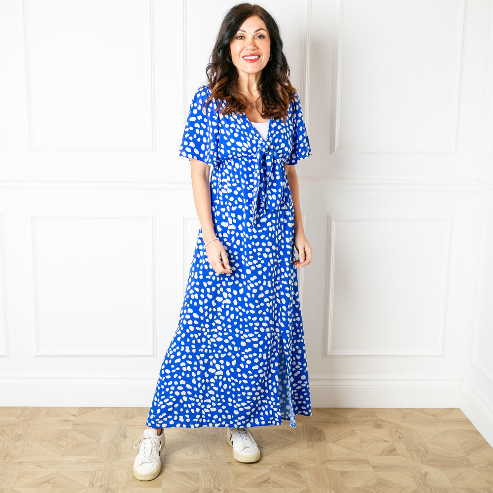 The Tie Front Picnic Dress in royal blue with short flared sleeves for a feminine look