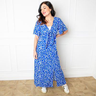 The royal blue Tie Front Picnic Dress in a maxi length with a slit on the side up to the knee