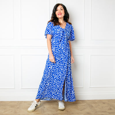 The royal blue Tie Front Picnic Dress in a fun spotty polka dot print perfect for summer