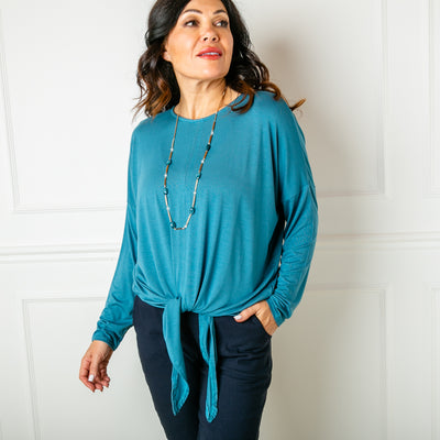 Tie Front Top in teal blue with long sleeves and a round crew neckline
