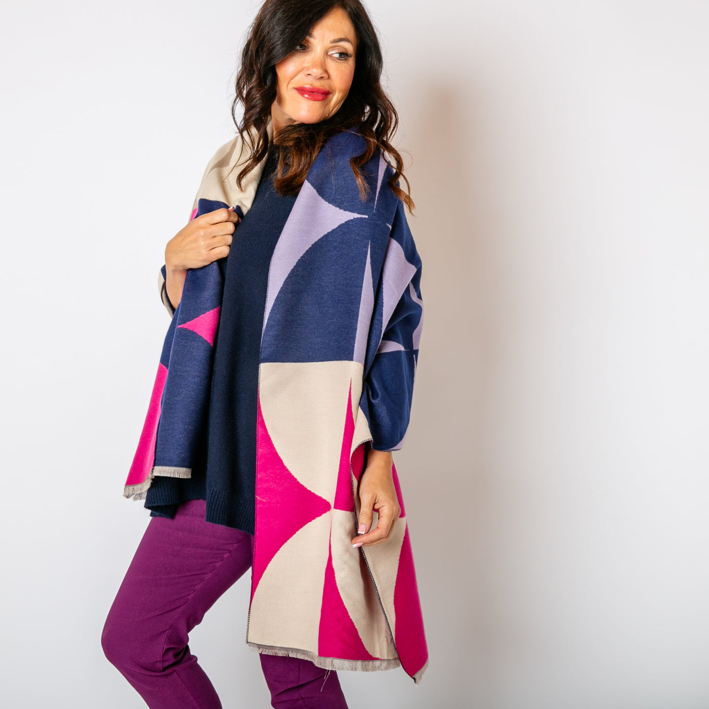 The navy Toronto Scarf featuring a bold geometric print