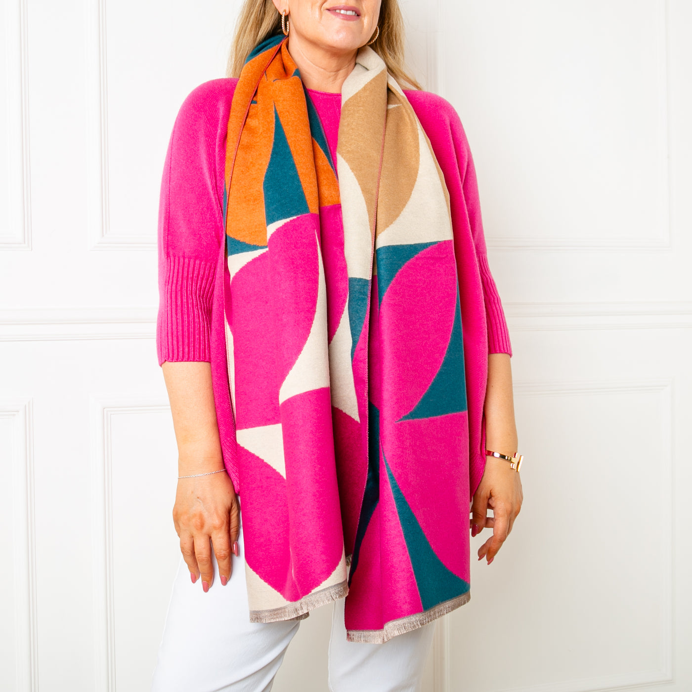 The pink Toronto Scarf made from a blend of viscose and wool