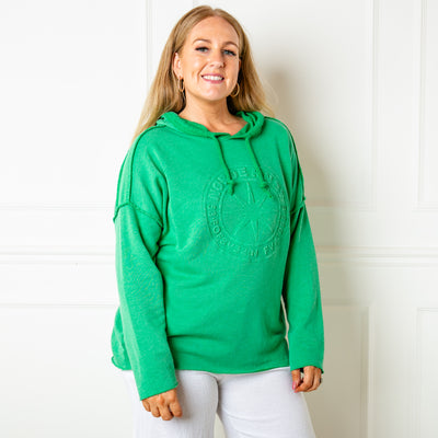 The green Towelling Hoodie made from a super cosy blend of cotton and polyester