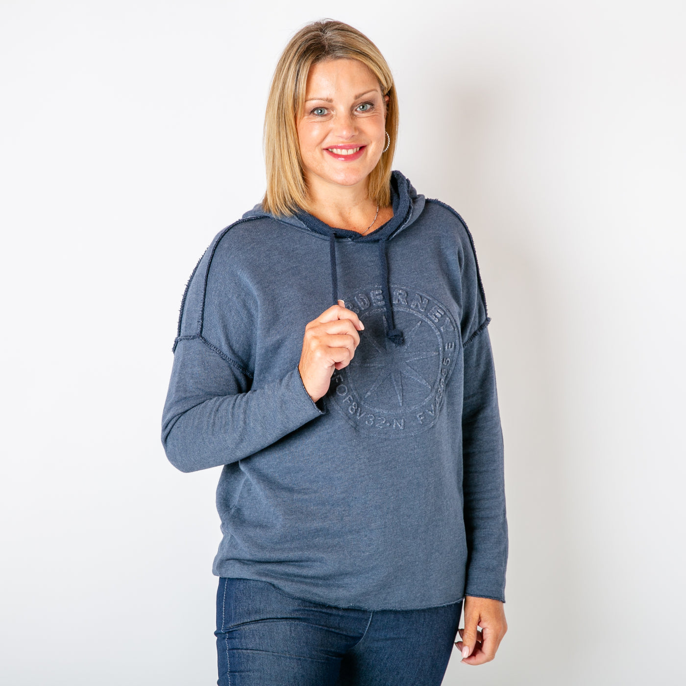 The navy blue Towelling Hoodie with long sleeves and a logo design on the front