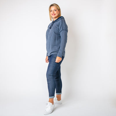 The navy blue Towelling Hoodie with a hood and drawstring detail which can be adjusted to suit