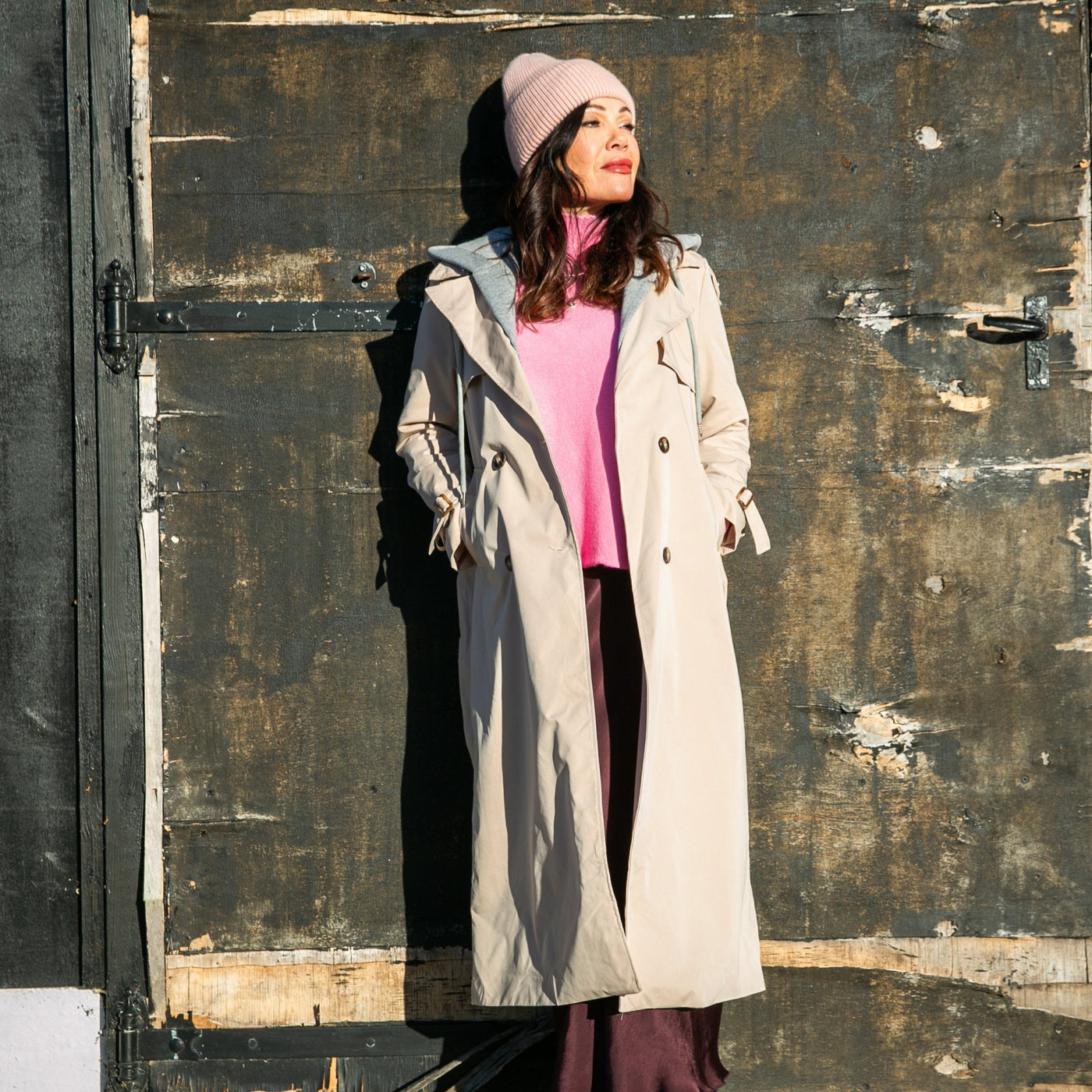 The stone cream Trench Coat With Hood with a longline silhouette and a contrasting grey hood