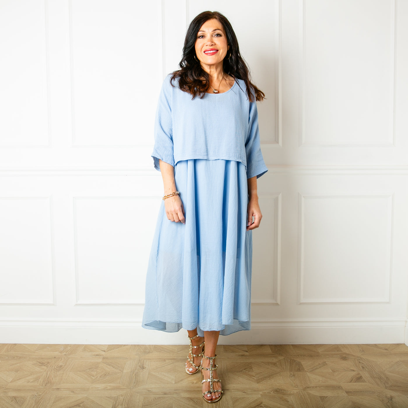 The dusky blue Two Piece Dress with a midi dress that has straps, a round neckline and a lining underneath
