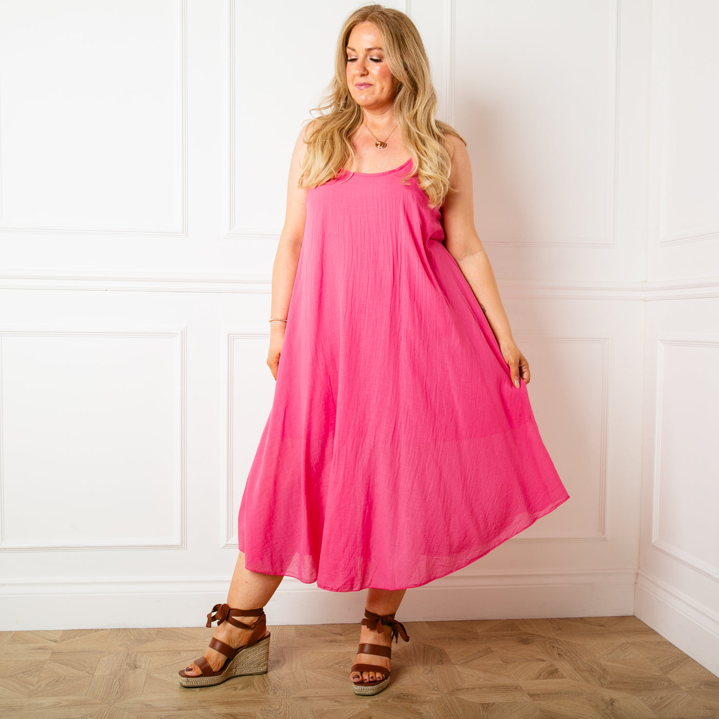 The pink Two Piece Dress with a midi dress that has straps, a round neckline and a lining underneath