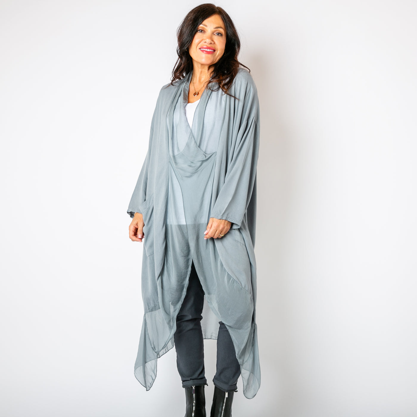 The grey Two Pocket Crossover Tunic with long sleeves and a loose fit