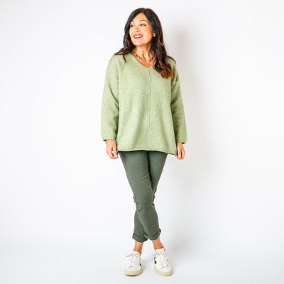 The pistachio green V Neck Seam Front Jumper with a seam detail down the front of the jumper