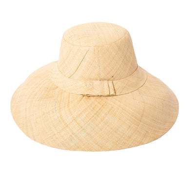 The natural brown Versailles Sun Hat with a wide brim and a bow detail around the circumference 
