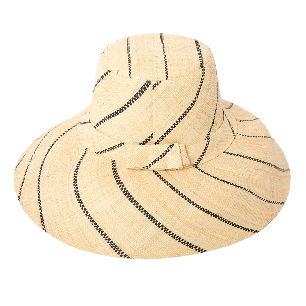The pinstripe natural brown Versailles Sun Hat with a wide brim and a bow detail around the circumference 