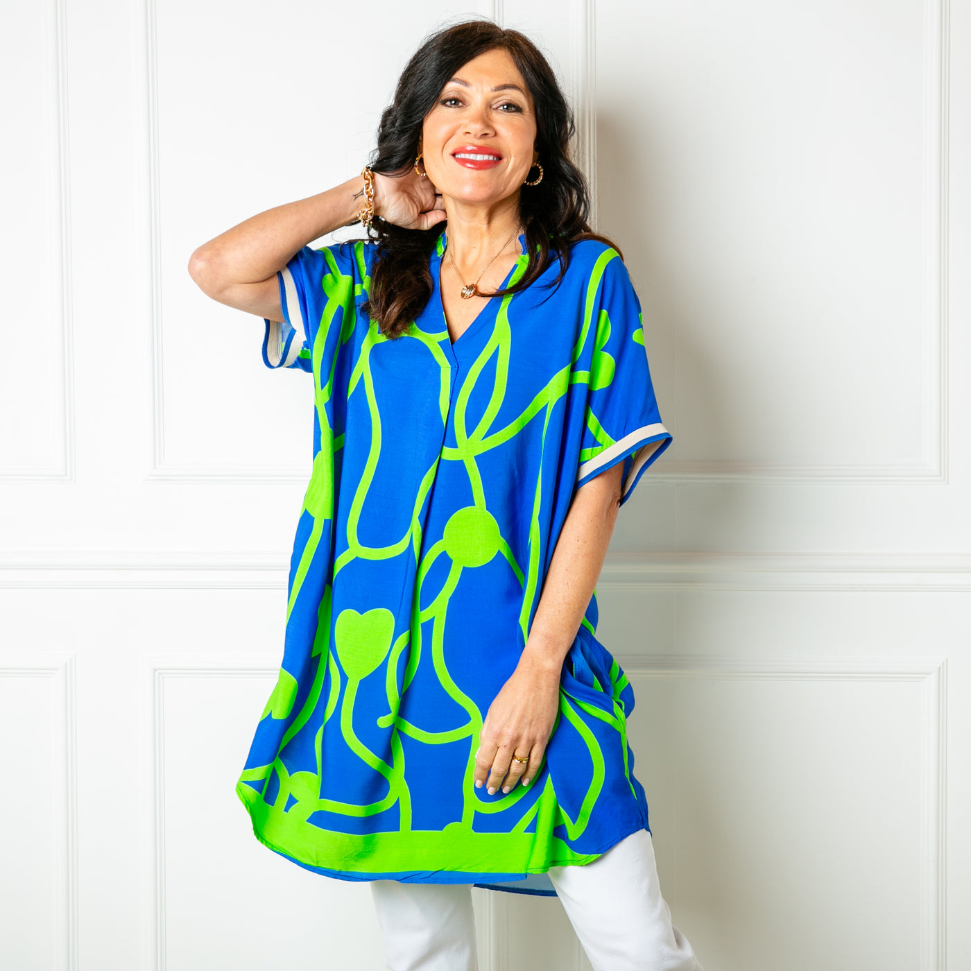 The Royal Blue Vine Short Sleeved Tunic Dress with accents of green