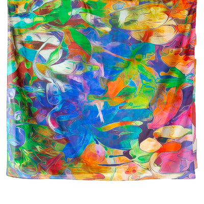 The Water Lily Silk Scarf with hints of blue, green, yellow, orange and pink