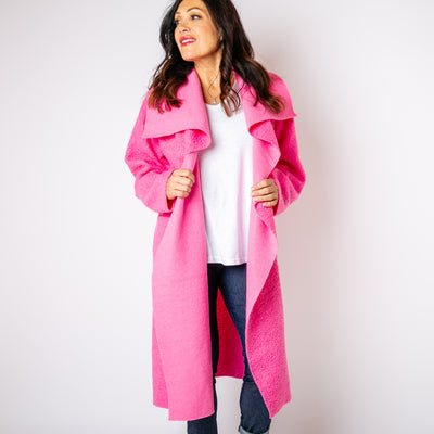 The bright pink Waterfall Roll Sleeve Coat with an oversized collar for a statement look