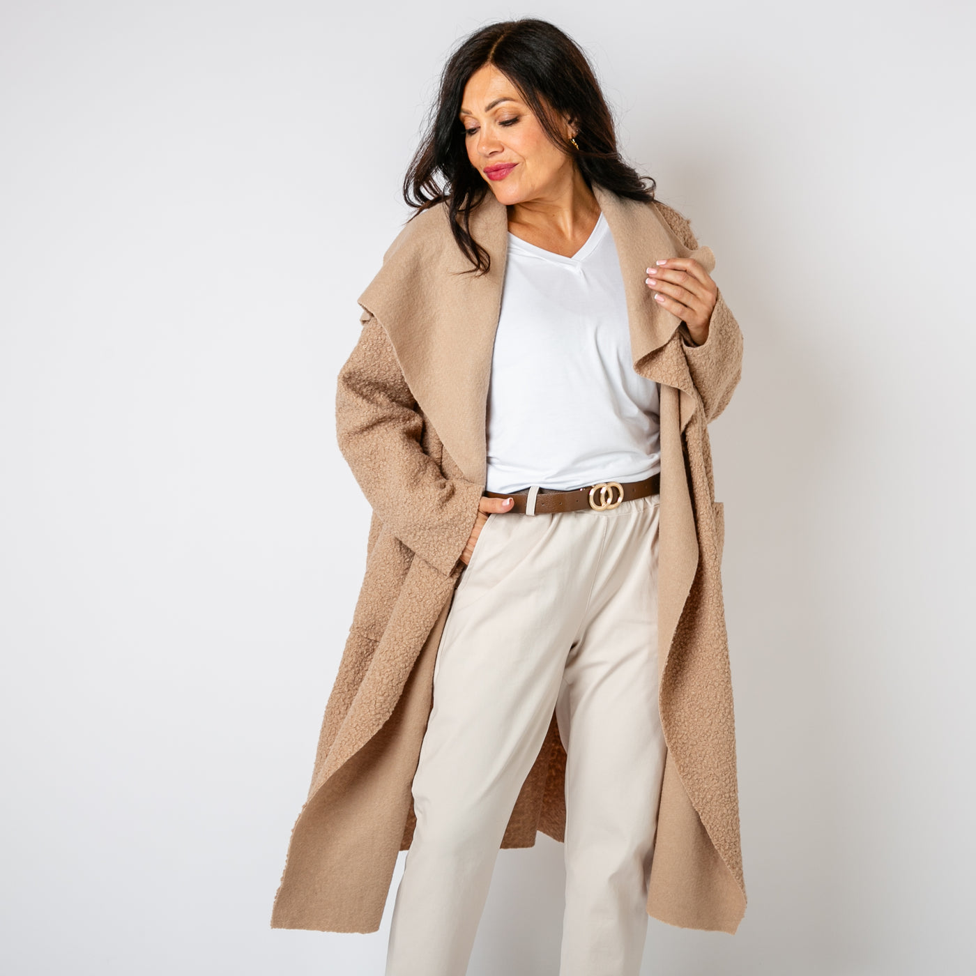 The oatmeal brown Waterfall Roll Sleeve Coat with an oversized collar for a statement look