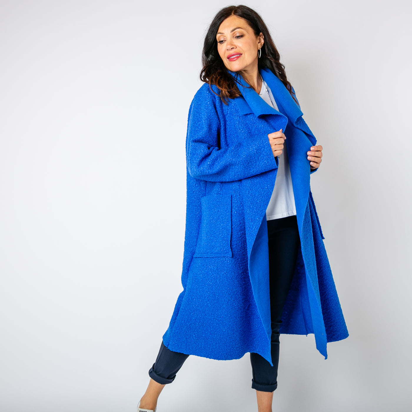 The royal blue Waterfall Roll Sleeve Coat with an oversized collar for a statement look