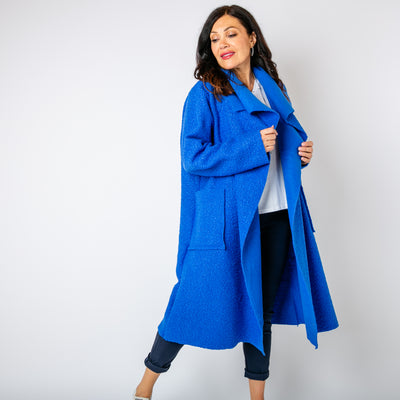 The royal blue Waterfall Roll Sleeve Coat with an oversized collar for a statement look