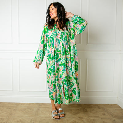 The green Wild Garden Maxi Dress made from a lightweight viscose material in a beautiful detailed floral print pattern