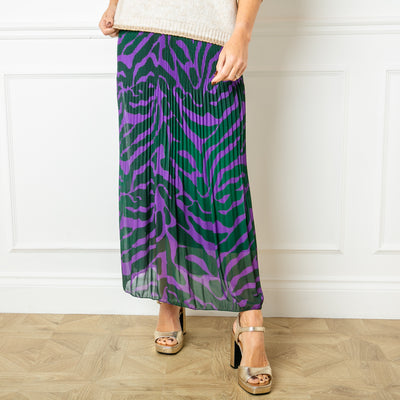 The Wild Pleated Skirt in green and purple with an elasticated gold glitter shimmer waistband 