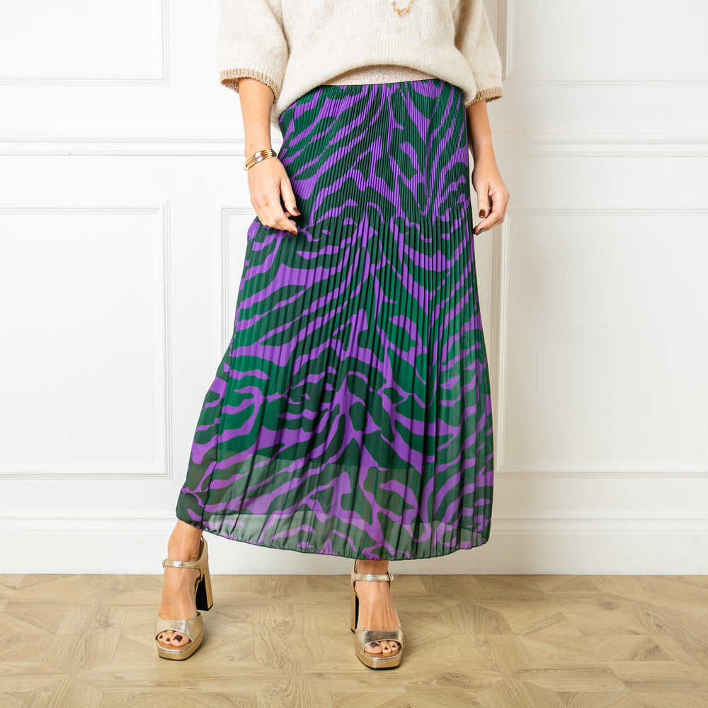 The purple and green Wild Pleated Skirt featuring a gorgeous animal abstract zebra leopard print pattern 
