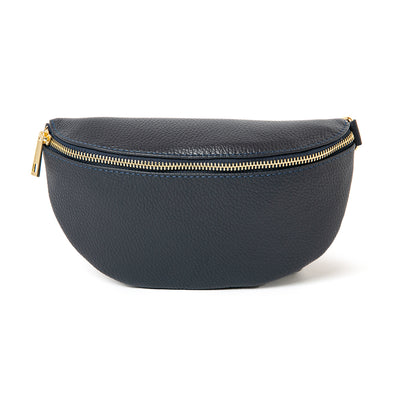 The navy blue Winchester Leather Handbag which can be worn as a bum bag belt bag