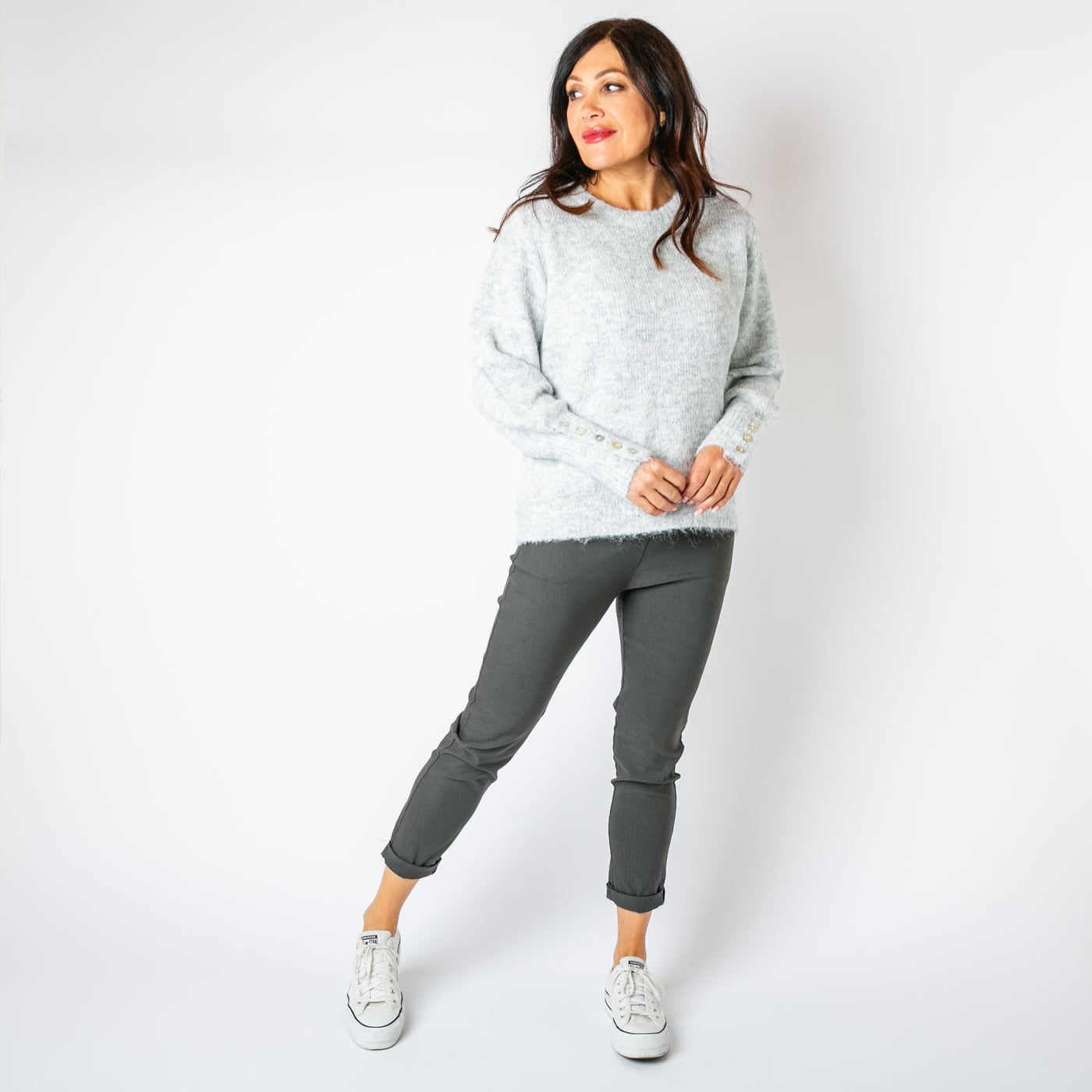 The silver grey Wool Button Jumper made from a blend of recycled polyester and wool