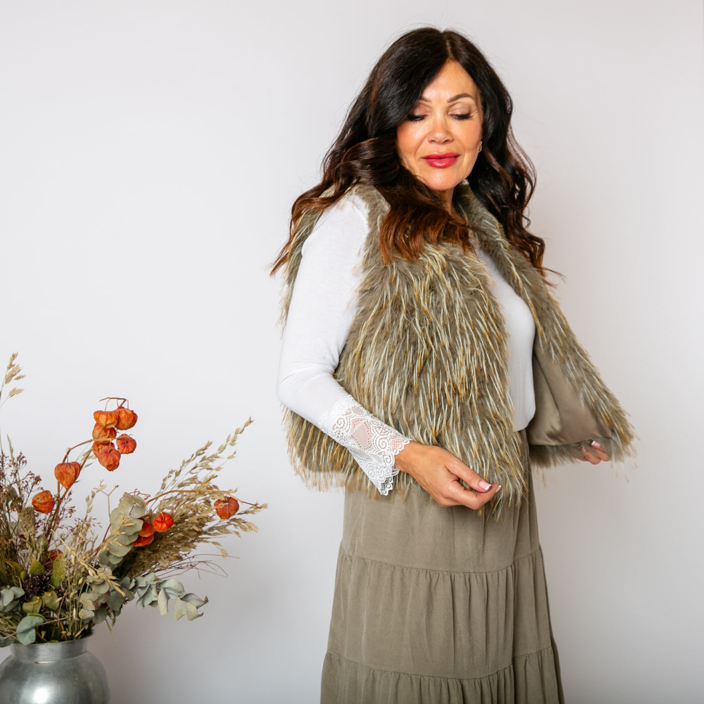 The khaki green brown Yeti Waistcoat made from a faux fur with a silky lining