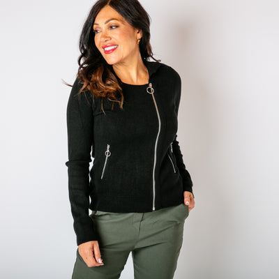 The Black Zip Front Cardigan made from a cosy fine knitted blend