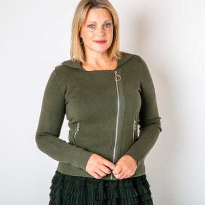 The khaki green Zip Front Cardigan with ring pull silver zips on the opening and both side pockets