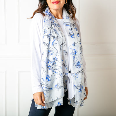 The Blue Cherry Blossom Silk Scarf which is super easy to wear, whatever the occasion