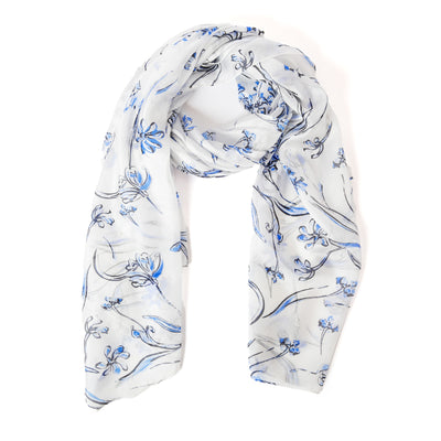 The Blue Cherry Blossom Silk Scarf featuring a gorgeous delicate floral pattern