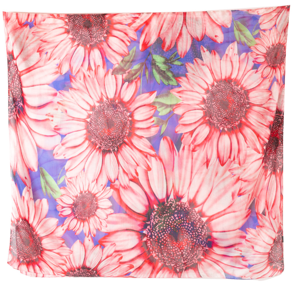 The Red Sunflowers Silk Scarf featuring a bold and contrasting floral print