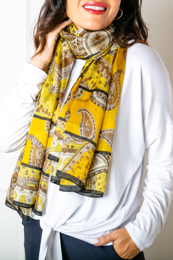 The Yellow Paisley Print Silk Scarf which can be worn in so many different ways