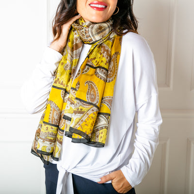 The Yellow Paisley Print Silk Scarf which can be worn in so many different ways