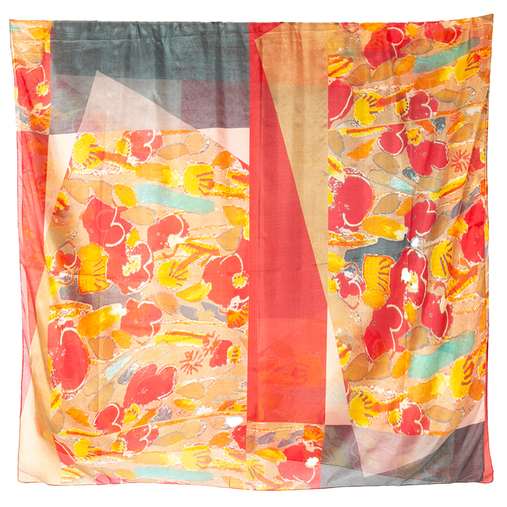 The Fruit Bowl Silk Scarf which features a bold abstract pattern in shades of red brown and yellow