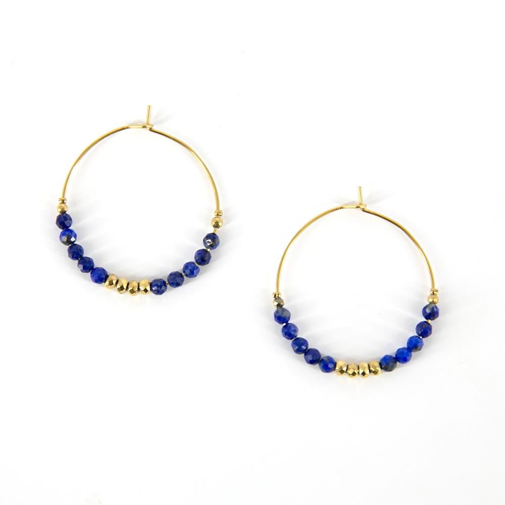 Alicia Women's hoop earrings, gold, blue beading, delicate hoops