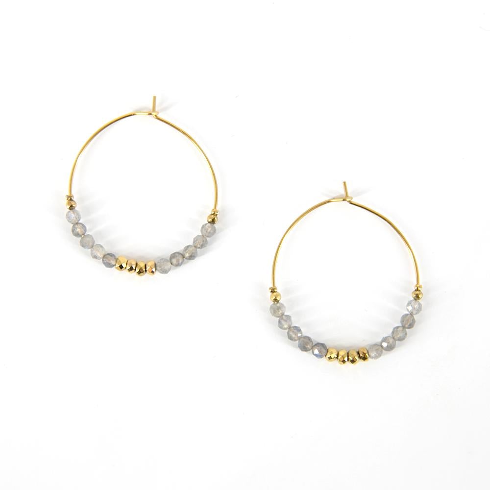 Alicia Women's hoop earrings, gold, grey beading, delicate hoops