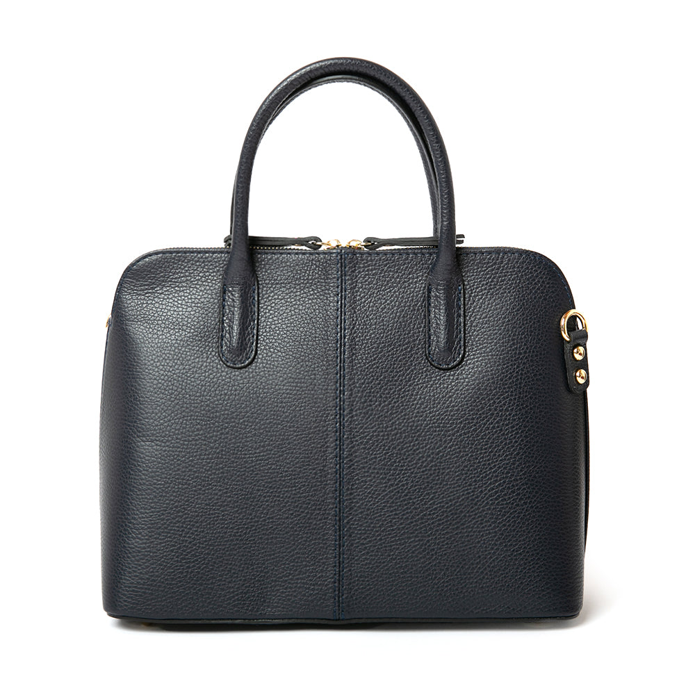 Navy Blue Angelou Italian leather classic handbag with gold hardware. Extended detachable strap shop