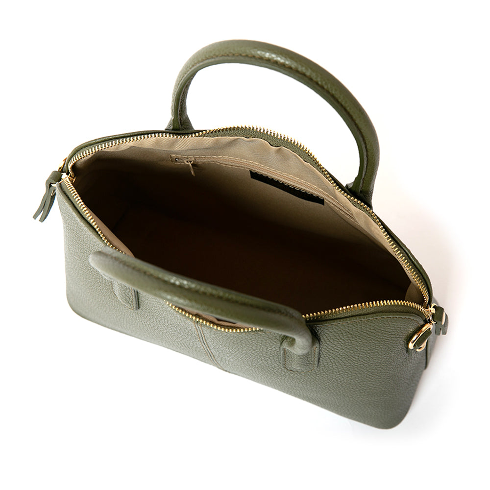 The Angelou Leather Handbag in Olive Green which comes with a matching detachable leather strap, open shot