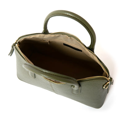 The Angelou Leather Handbag in Olive Green which comes with a matching detachable leather strap, open shot