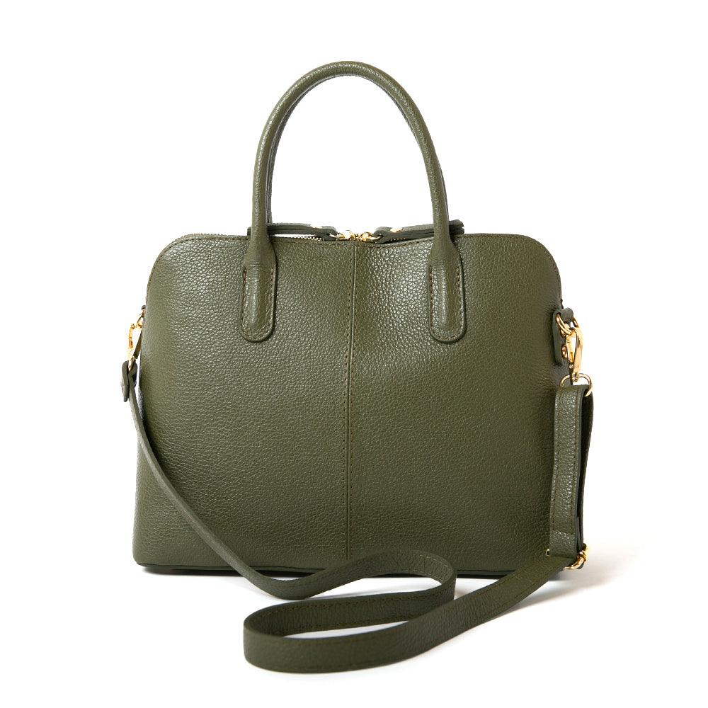 The Angelou Leather Handbag in Olive Green made from 100% luxury soft Italian leather with gold metal hardware