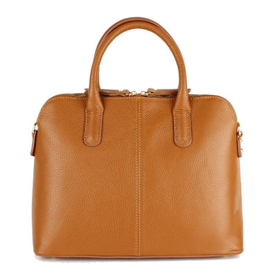 Angelou Italian leather classic handbag with gold hardware fittings and detachable strap in tan