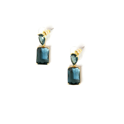 The Arabella Earrings in blue in a teardrop and rectangle setting 